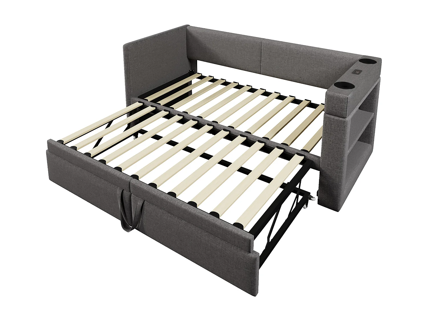 Kinderslaapbank 90/180x200cm, grijze linnen katoenen stof, USB- en Type-C-poorten inbegrepen, zonder matras