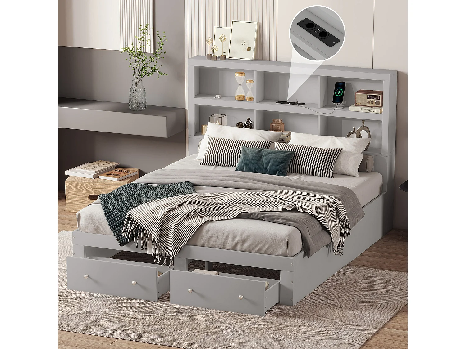 Lit adulte 160x200 cm, Lit double avec 2 tiroirs de rangement, cadre de lit, tête de lit fonctionnelle, sans matels, gris