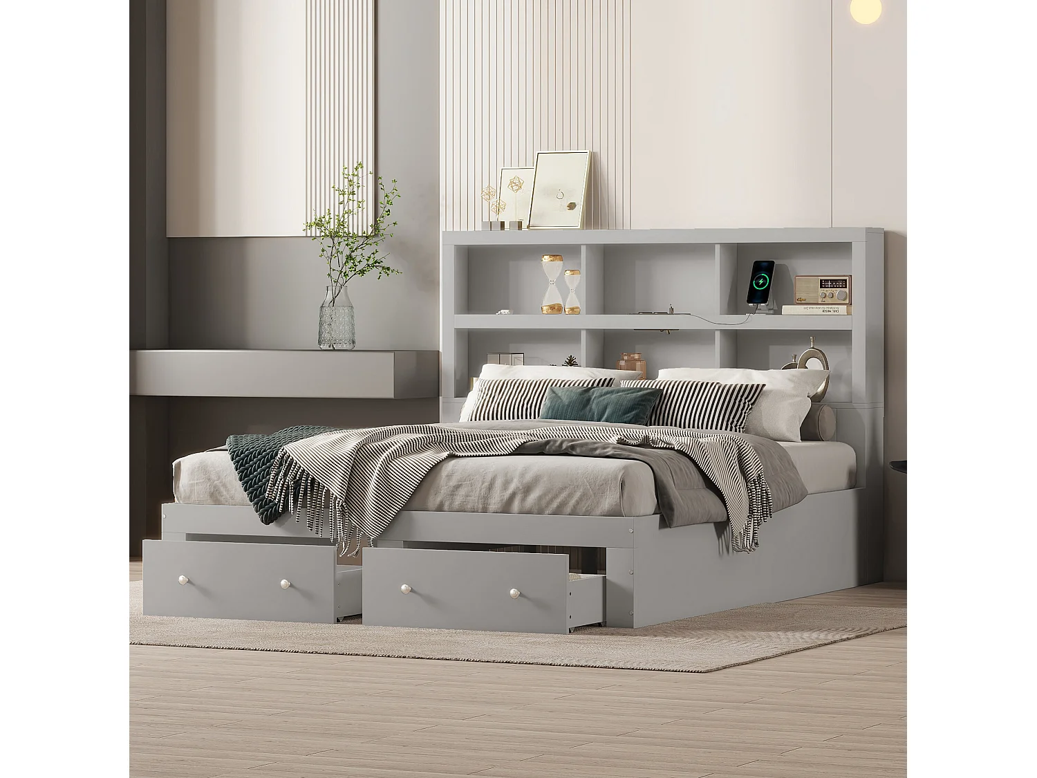 Lit adulte 160x200 cm, Lit double avec 2 tiroirs de rangement, cadre de lit, tête de lit fonctionnelle, sans matels, gris