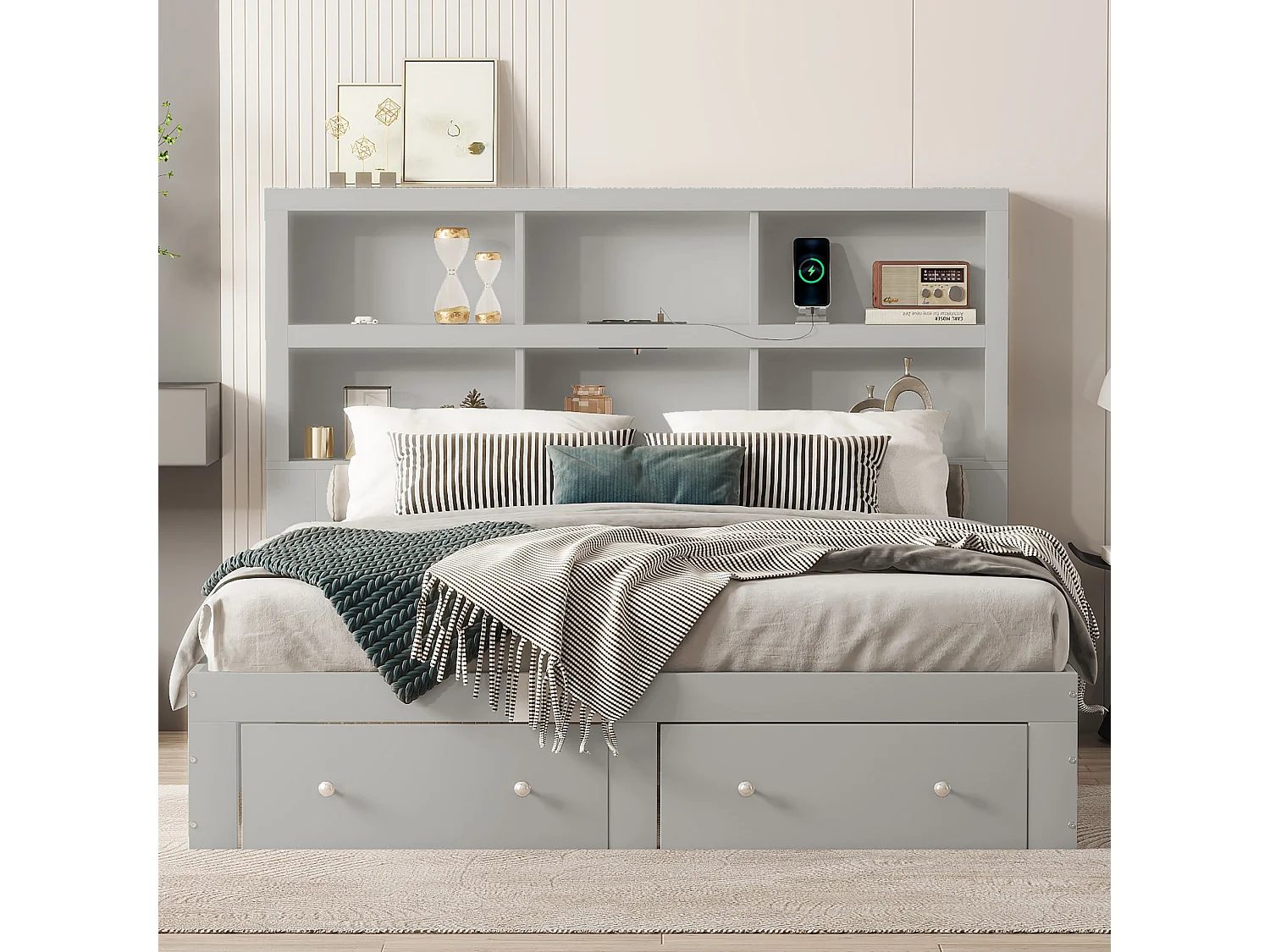 Lit adulte 160x200 cm, Lit double avec 2 tiroirs de rangement, cadre de lit, tête de lit fonctionnelle, sans matels, gris