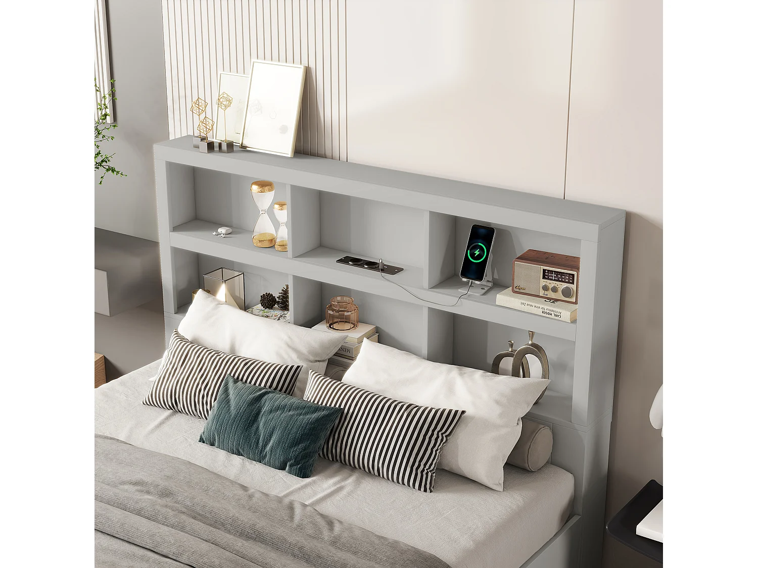 Lit adulte 160x200 cm, Lit double avec 2 tiroirs de rangement, cadre de lit, tête de lit fonctionnelle, sans matels, gris