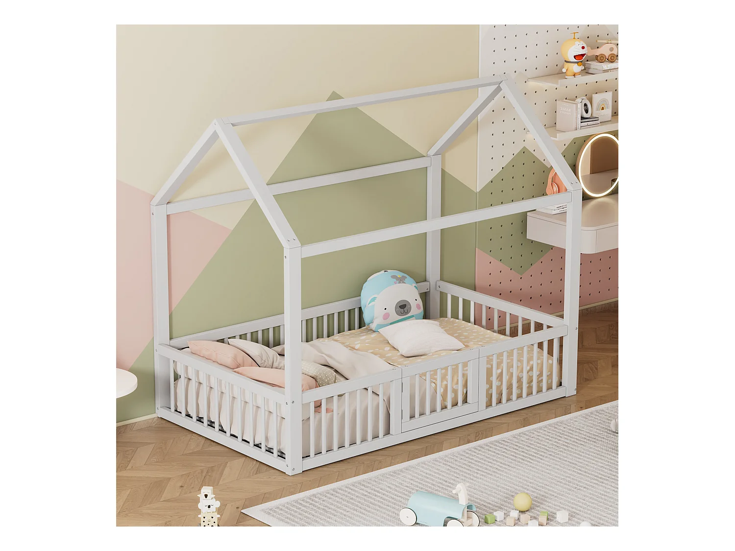 Kinderbed 90x200cm in grenenhout, inclusief lattenbodem en veiligheidsrails, wit, zonder matras