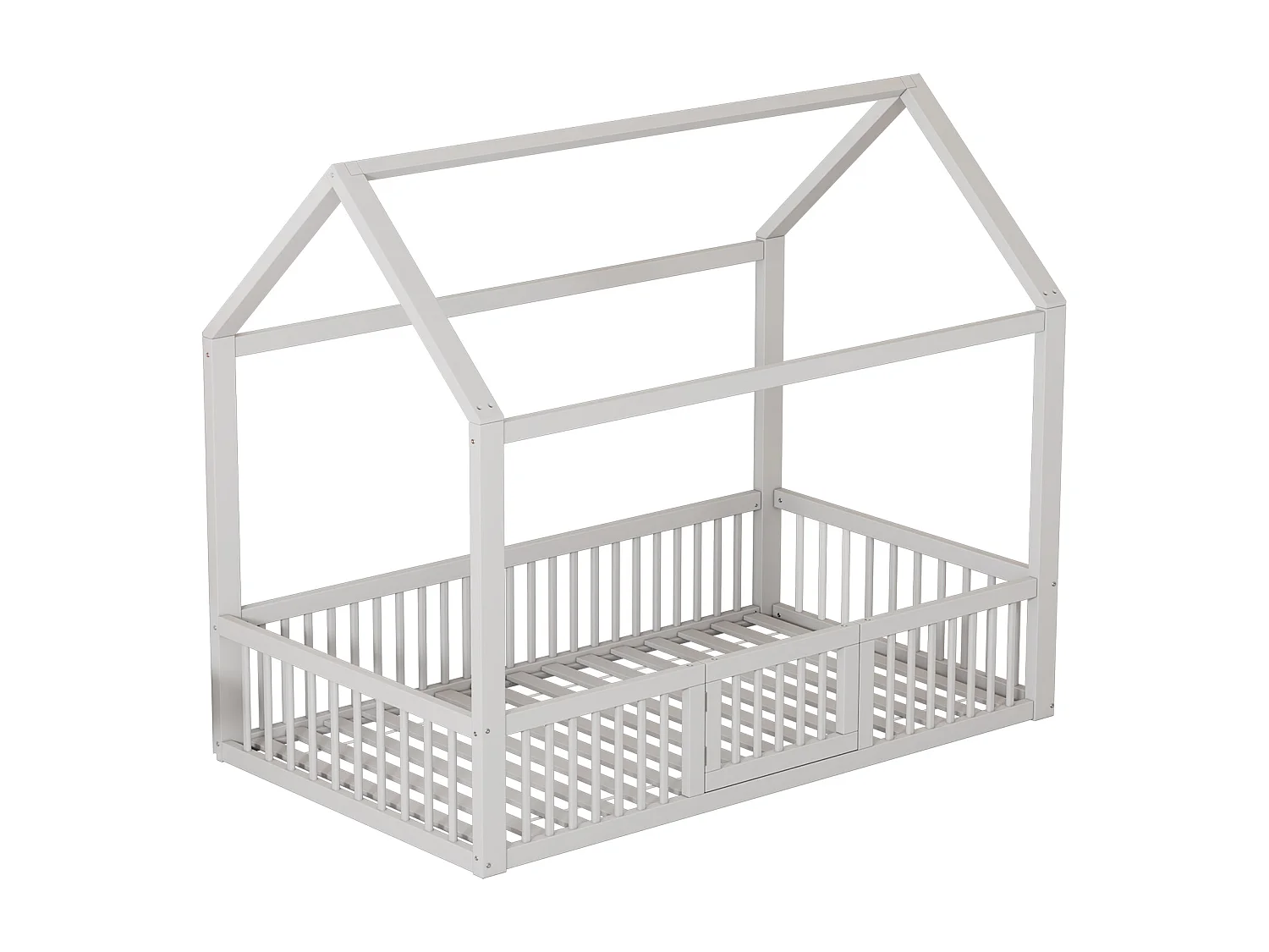 Lit cabane enfant 90x200cm en pin, sommier à lattes et barrières de sécurité inclus, blanc, sans matelas