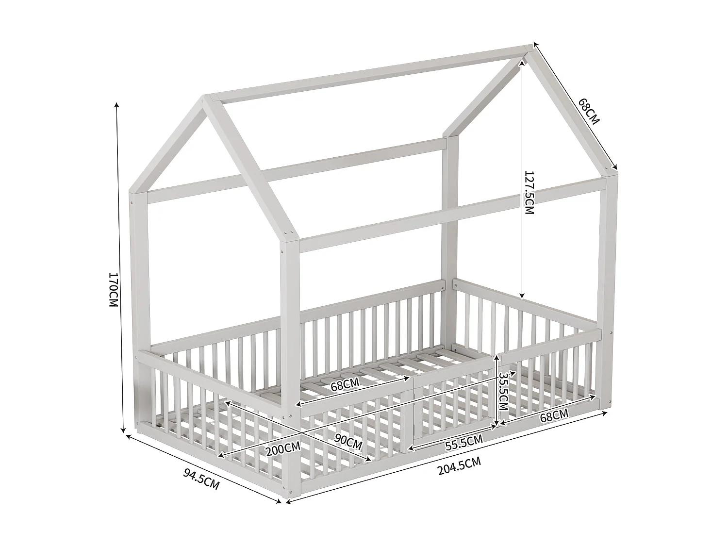 Lit cabane enfant 90x200cm en pin, sommier à lattes et barrières de sécurité inclus, blanc, sans matelas