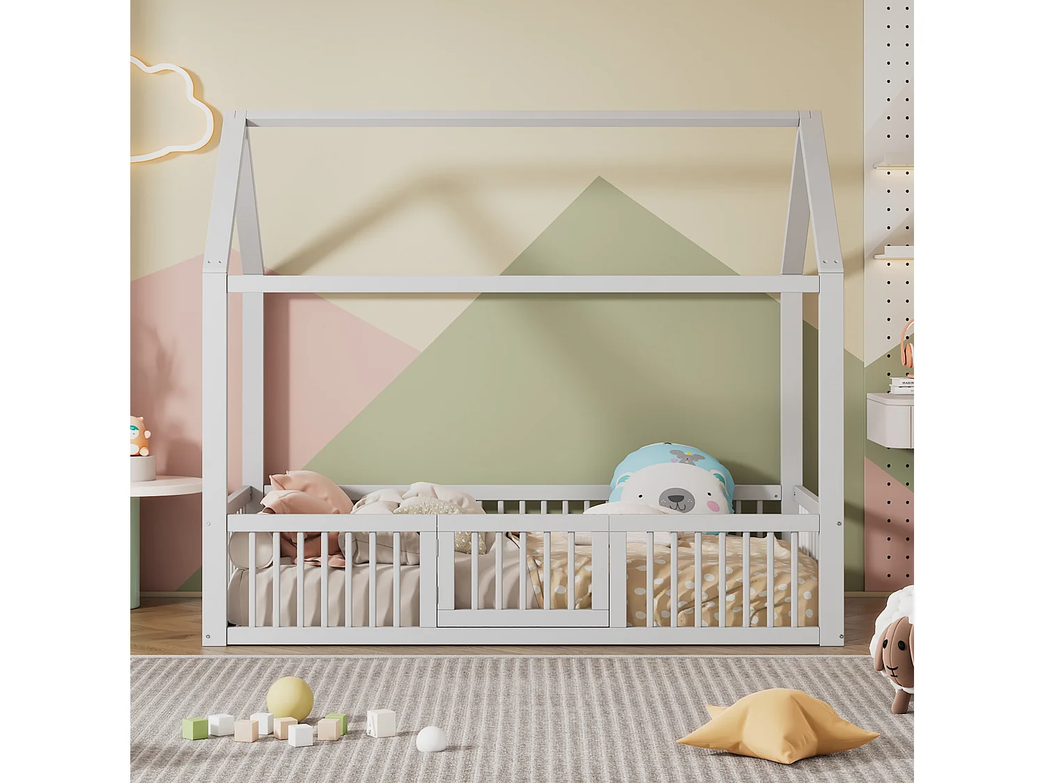 Lit cabane enfant 90x200cm en pin, sommier à lattes et barrières de sécurité inclus, blanc, sans matelas