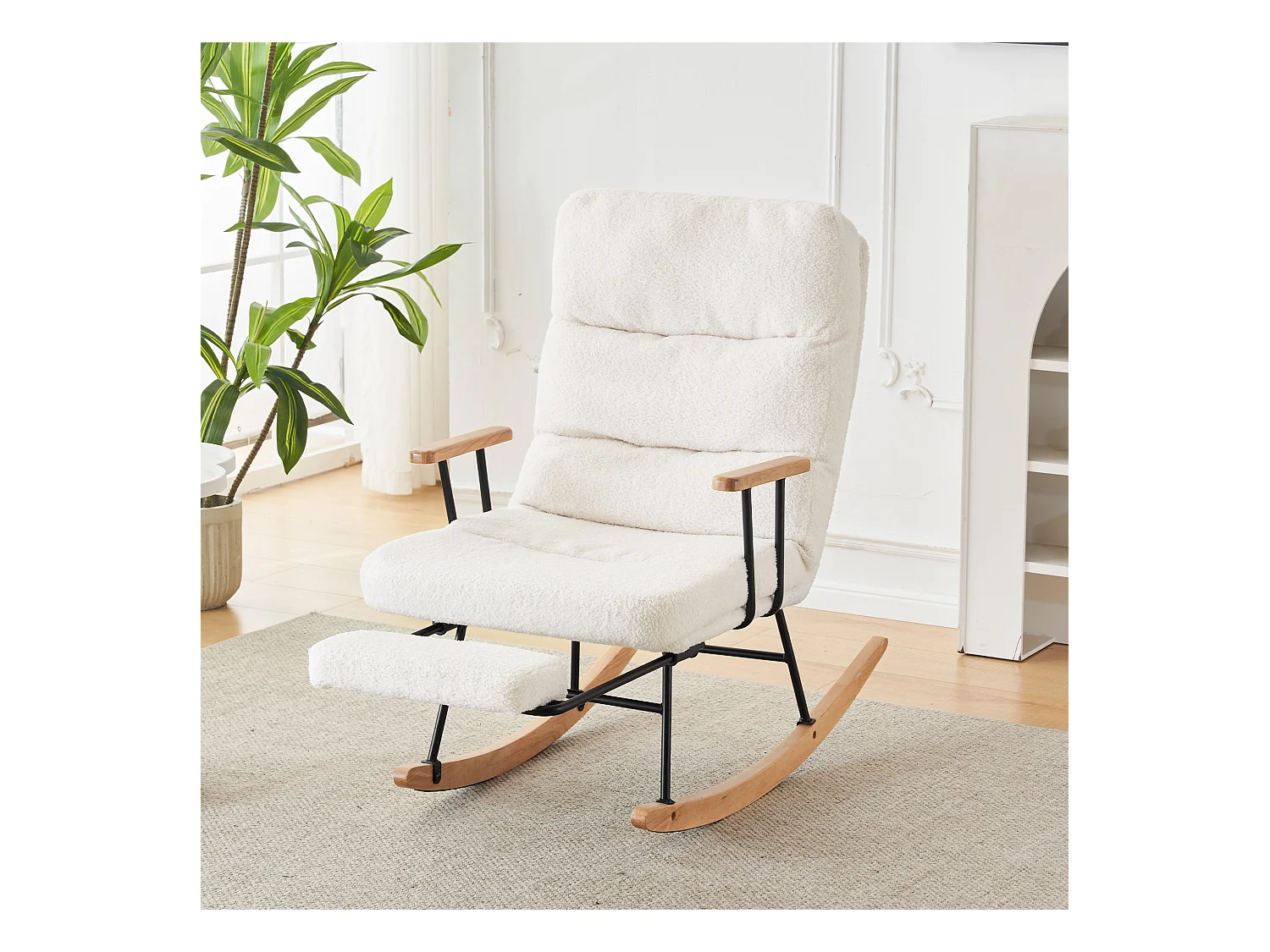 Schommelstoel met uitschuifbare voetensteun, verstelbare rugleuning, witte teddystof