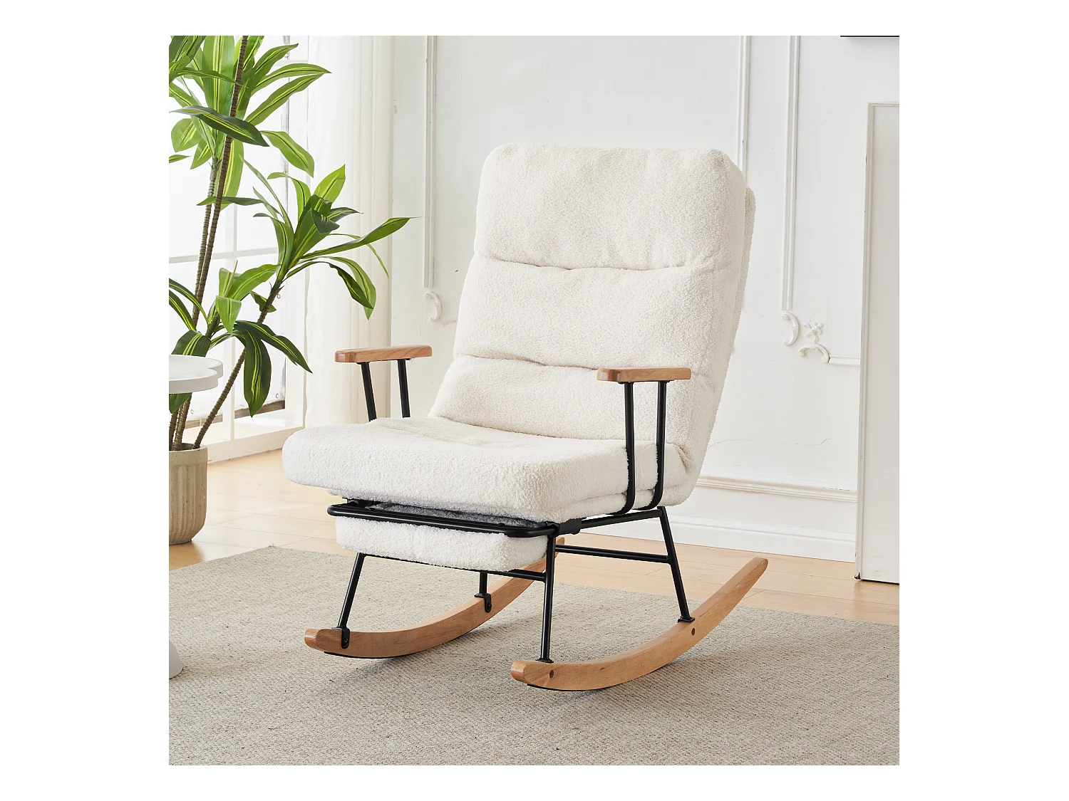 Fauteuil à bascule, rocking chair avec repose-pieds rétractable, dossier réglable, tissu en Teddy blanc