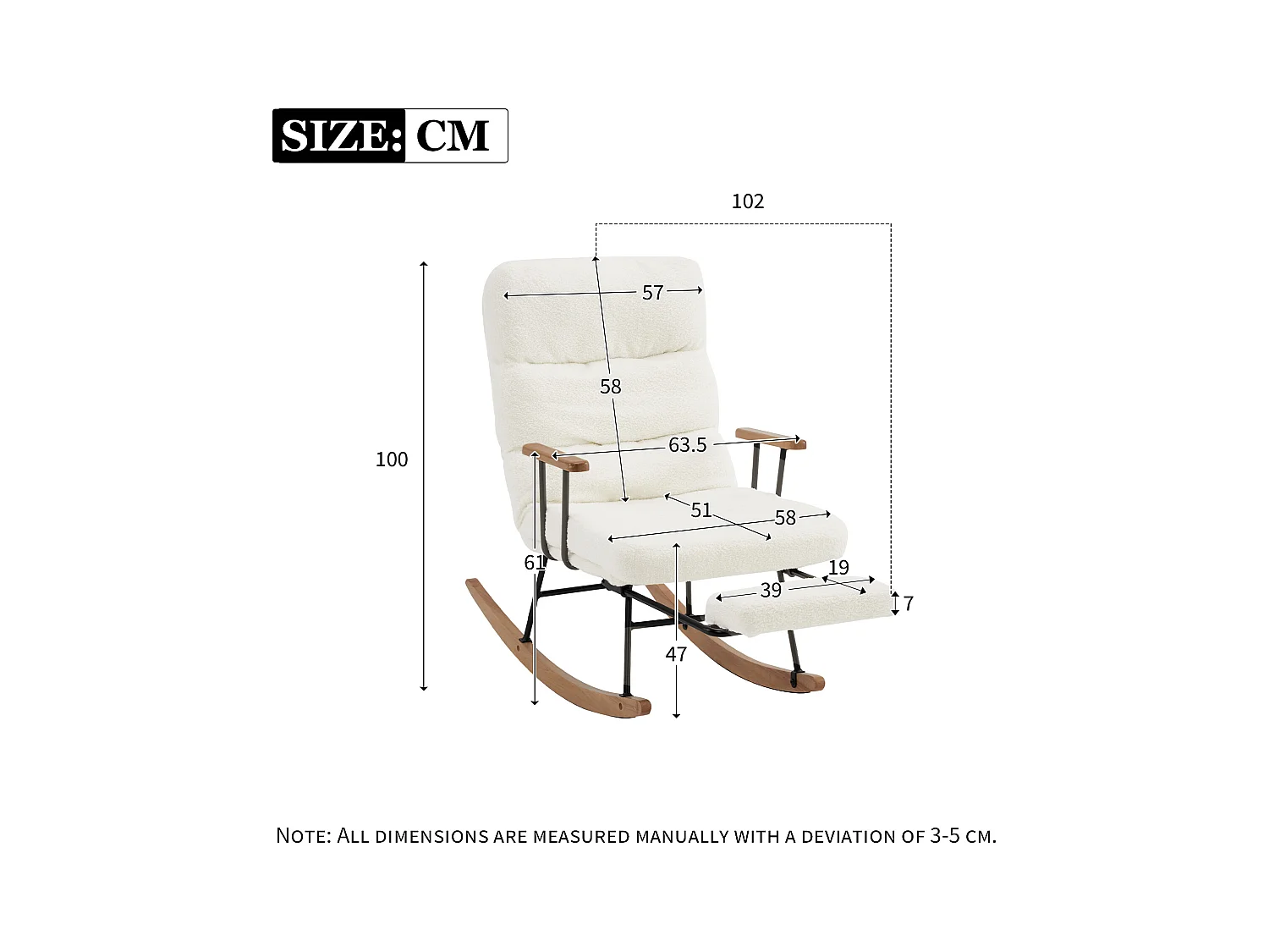 Fauteuil à bascule, rocking chair avec repose-pieds rétractable, dossier réglable, tissu en Teddy blanc