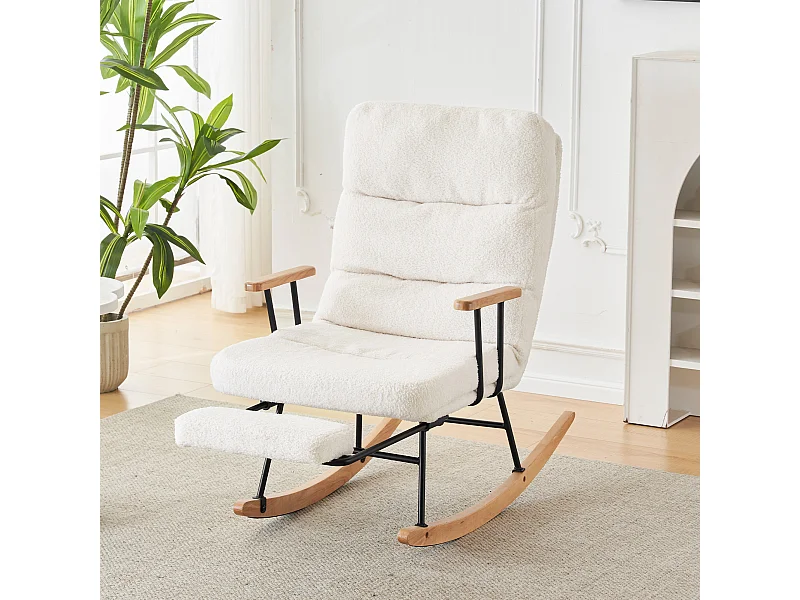 Fauteuil à bascule, rocking chair avec repose-pieds rétractable, dossier réglable, tissu en Teddy blanc