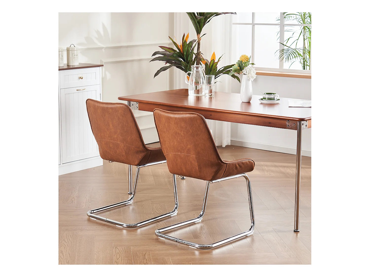 Set van 2 bruine PU cantilever stoelen, zilverkleurig metalen frame