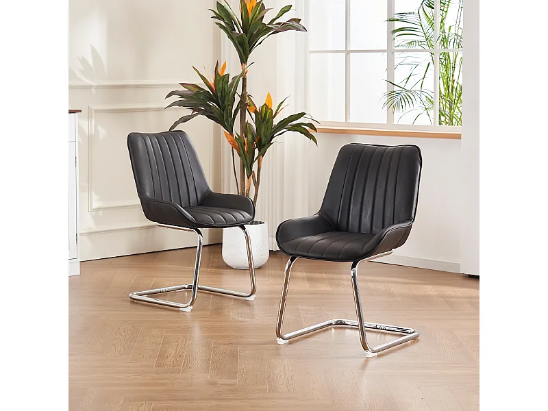Lot de 2 chaises cantilever en PU noir, cadre en métal argenté