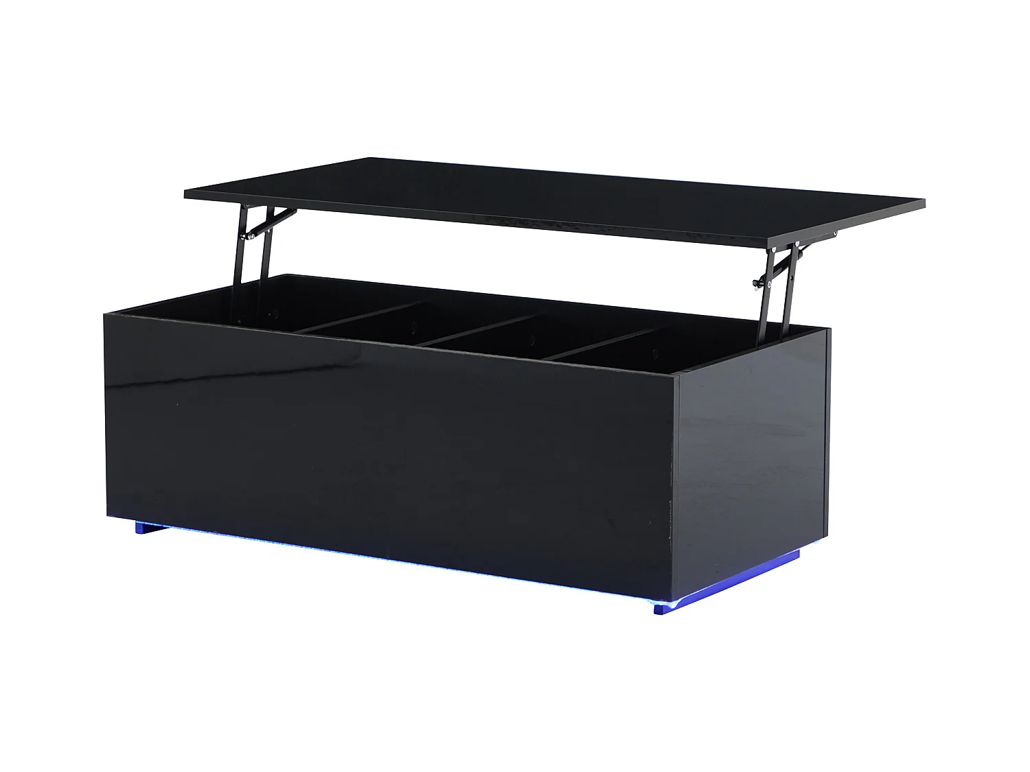 Mesa de centro elevable 100x50x35,5-49,5cm con 4 compartimentos de almacenaje ocultos, cuerpo lacado en negro, LED y USB incluidos