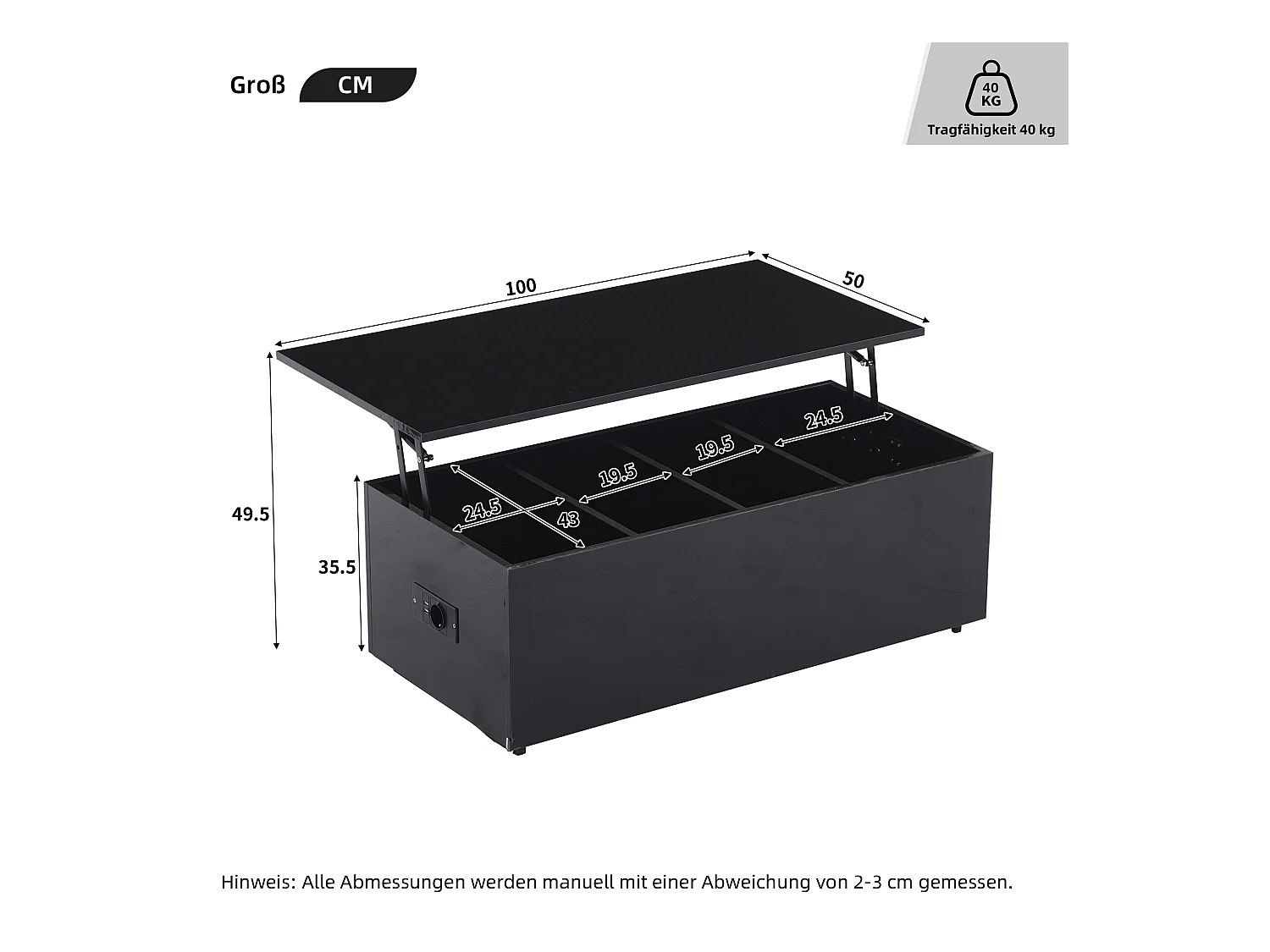 Mesa de centro elevable 100x50x35,5-49,5cm con 4 compartimentos de almacenaje ocultos, cuerpo lacado en negro, LED y USB incluidos