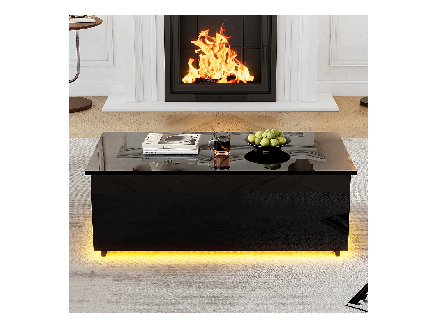 Mesa de centro elevable 100x50x35,5-49,5cm con 4 compartimentos de almacenaje ocultos, cuerpo lacado en negro, LED y USB incluidos