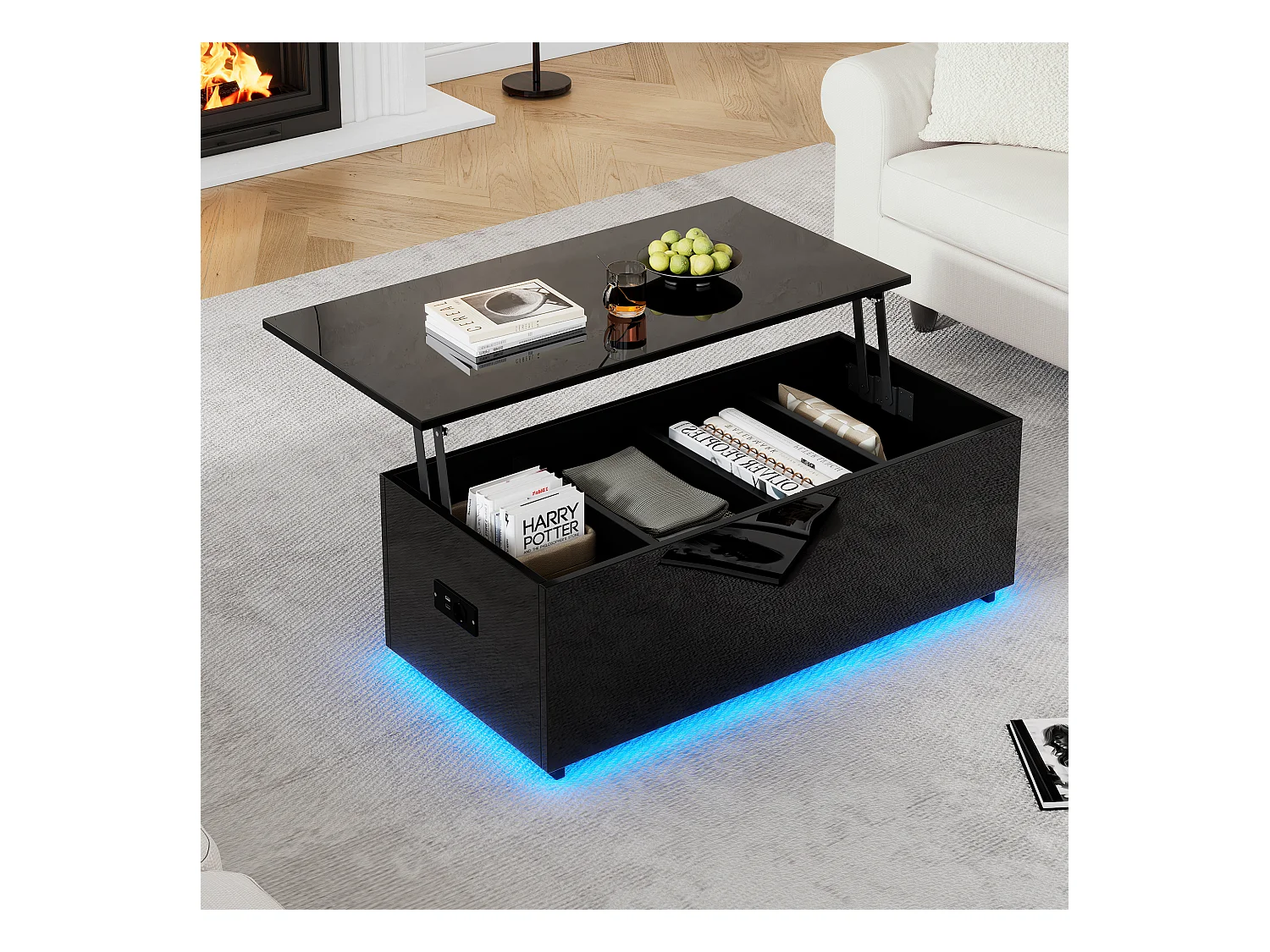 Table basse relevable 100x50x35.5-49.5cm avec 4 compartiments de rangement cachés, corps en noir laqué, LED et USB inclus