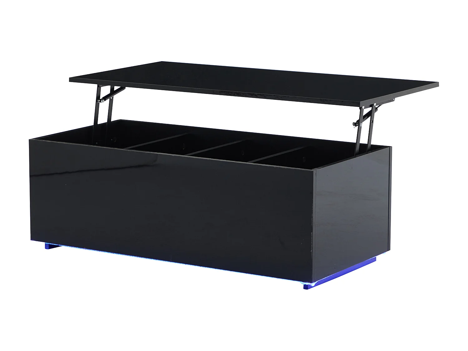 Mesa de centro elevatória 100x50x35,5-49,5 cm com 4 compartimentos de arrumação ocultos, corpo lacado a preto, LED e USB incluídos