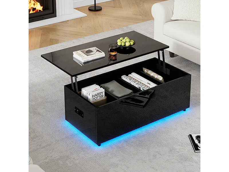 Mesa de centro elevatória 100x50x35,5-49,5 cm com 4 compartimentos de arrumação ocultos, corpo lacado a preto, LED e USB incluídos