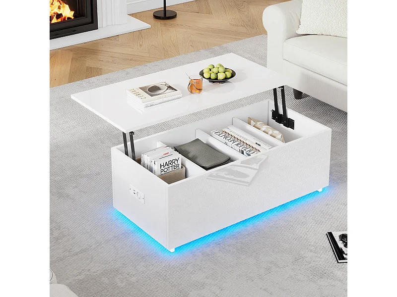 Table basse relevable 100x50x35.5-49.5cm avec 4 compartiments de rangement cachés, corps en blanc laqué, LED et USB inclus