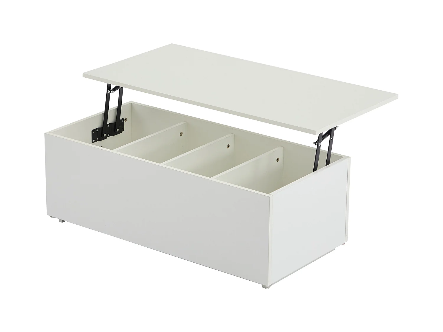 Mesa de centro elevable 100x50x35,5-49,5cm con 4 compartimentos de almacenaje ocultos, cuerpo lacado en blanco, LED y USB incluidos