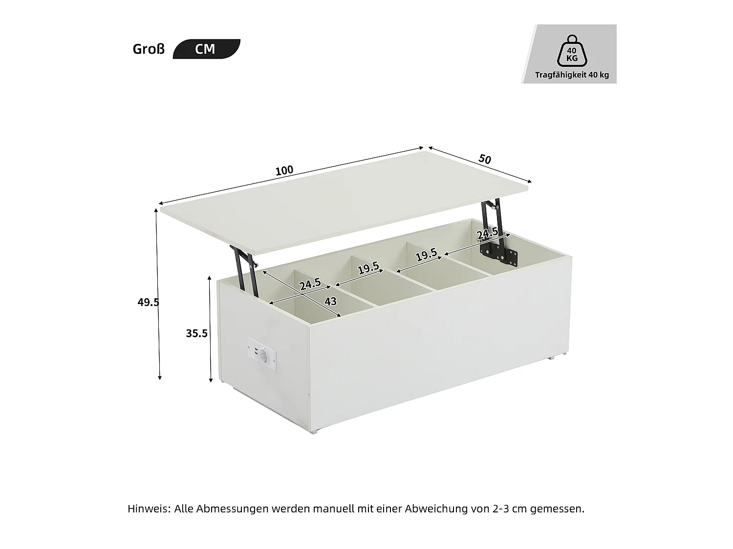 Mesa de centro elevable 100x50x35,5-49,5cm con 4 compartimentos de almacenaje ocultos, cuerpo lacado en blanco, LED y USB incluidos
