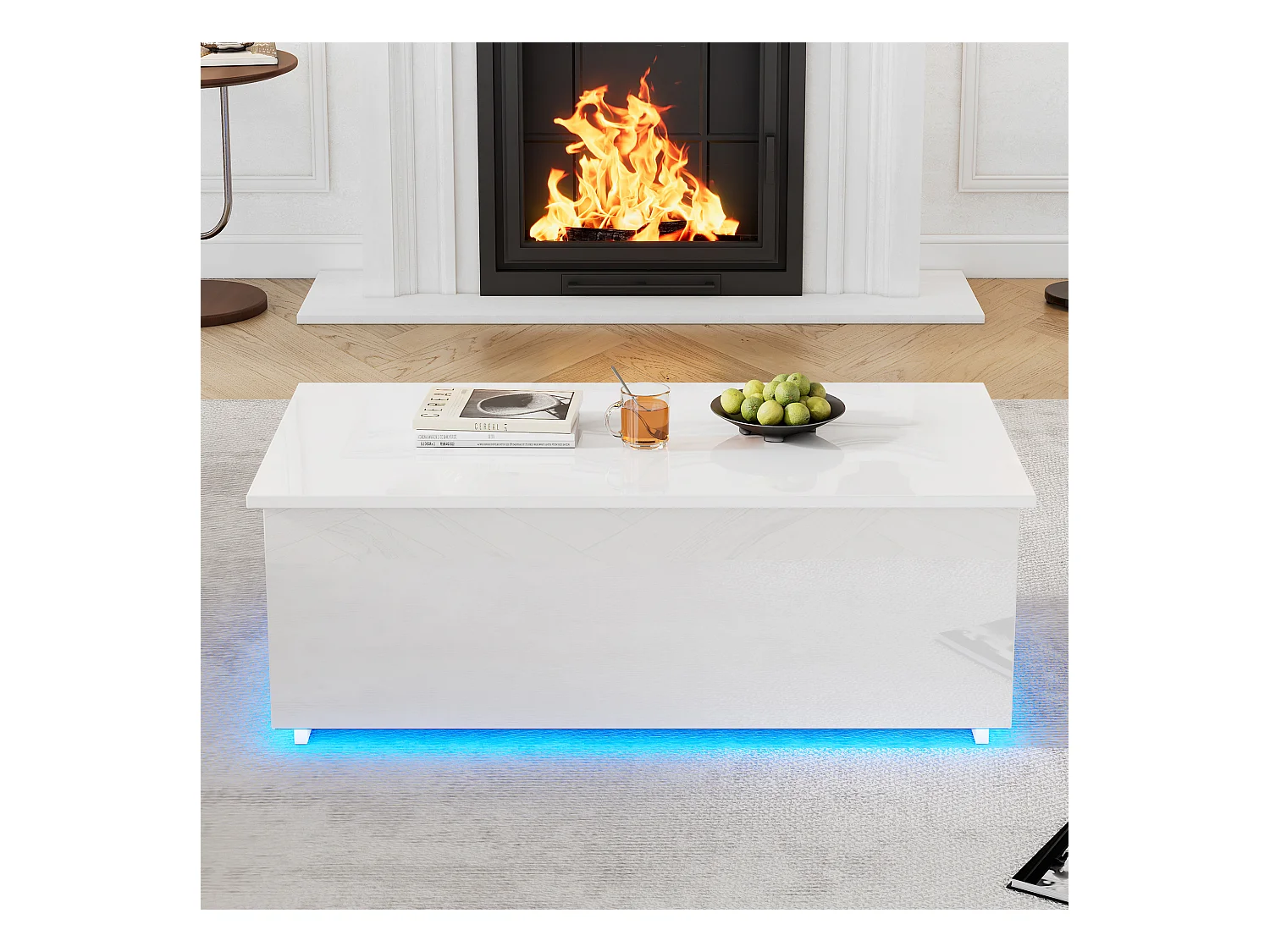 Mesa de centro elevable 100x50x35,5-49,5cm con 4 compartimentos de almacenaje ocultos, cuerpo lacado en blanco, LED y USB incluidos