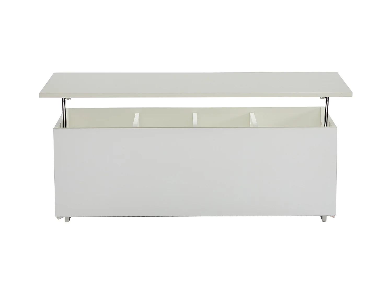 Mesa de centro elevable 100x50x35,5-49,5cm con 4 compartimentos de almacenaje ocultos, cuerpo lacado en blanco, LED y USB incluidos