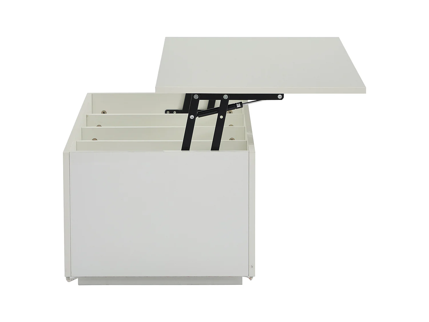 Mesa de centro elevable 100x50x35,5-49,5cm con 4 compartimentos de almacenaje ocultos, cuerpo lacado en blanco, LED y USB incluidos