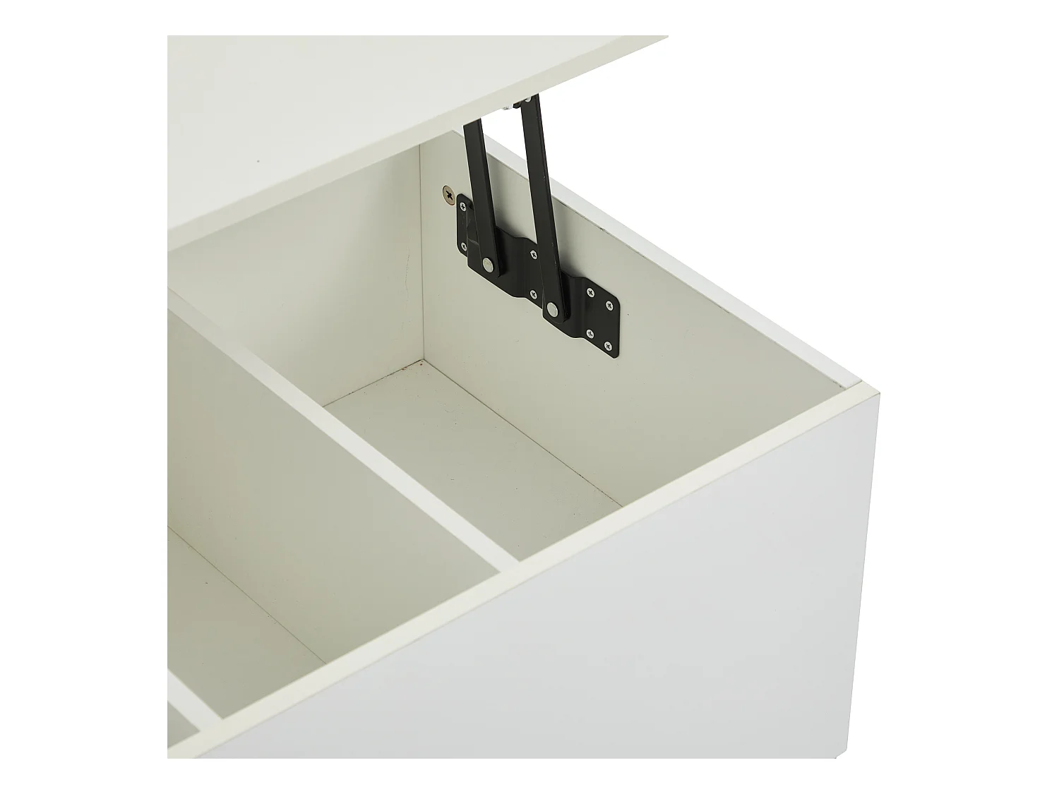 Mesa de centro elevable 100x50x35,5-49,5cm con 4 compartimentos de almacenaje ocultos, cuerpo lacado en blanco, LED y USB incluidos