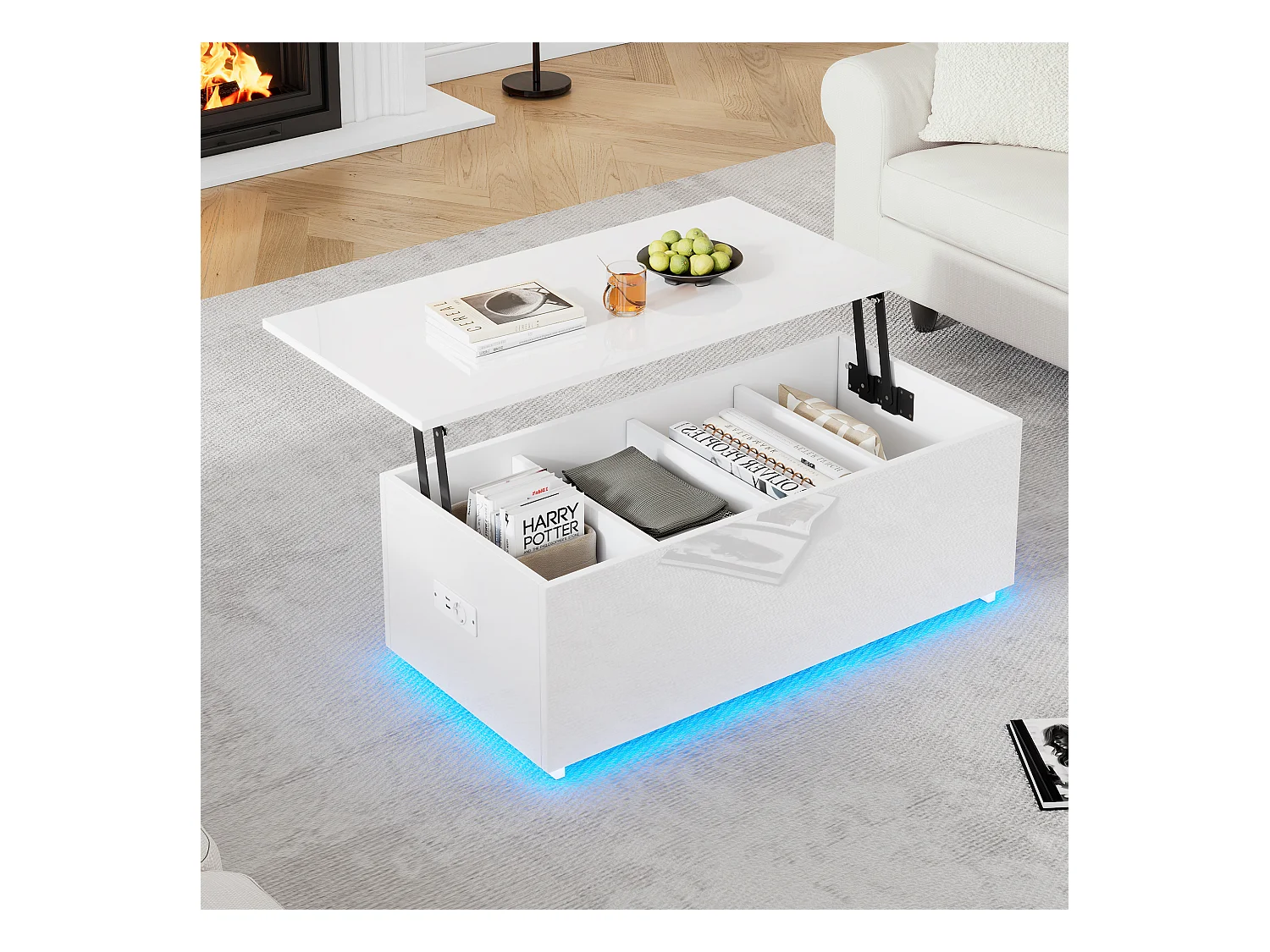 Table basse relevable 100x50x35.5-49.5cm avec 4 compartiments de rangement cachés, corps en blanc laqué, LED et USB inclus