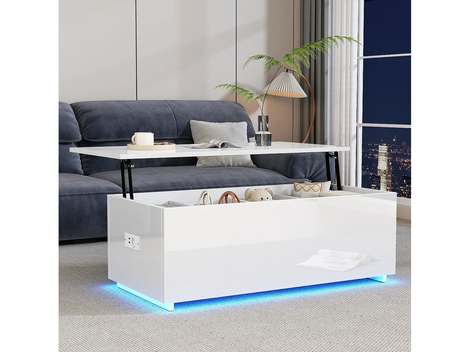 Mesa de centro elevatória 100x50x35,5-49,5 cm com 4 compartimentos de arrumação ocultos, corpo lacado a branco, LED e USB incluídos