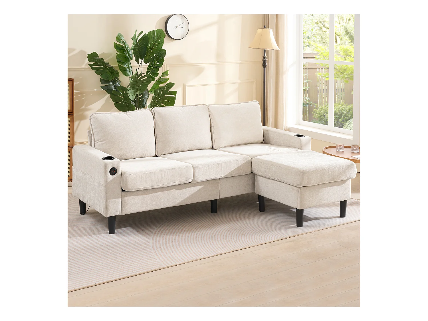 Canapé d'angle reversible 3 places en lin beige, avec ports USB et type-C - 202x137x80cm
