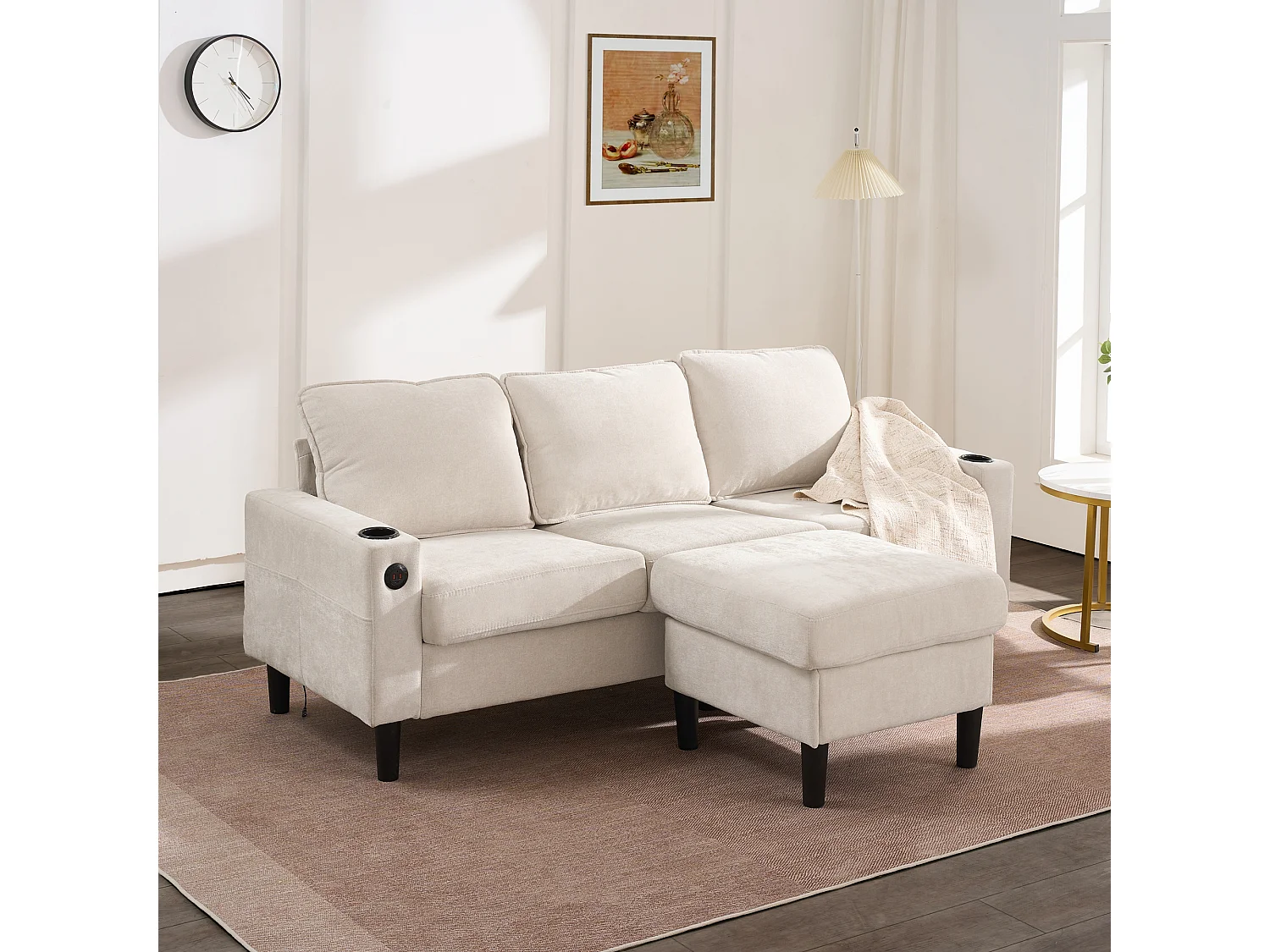 Canapé d'angle reversible 3 places en lin beige, avec ports USB et type-C - 202x137x80cm