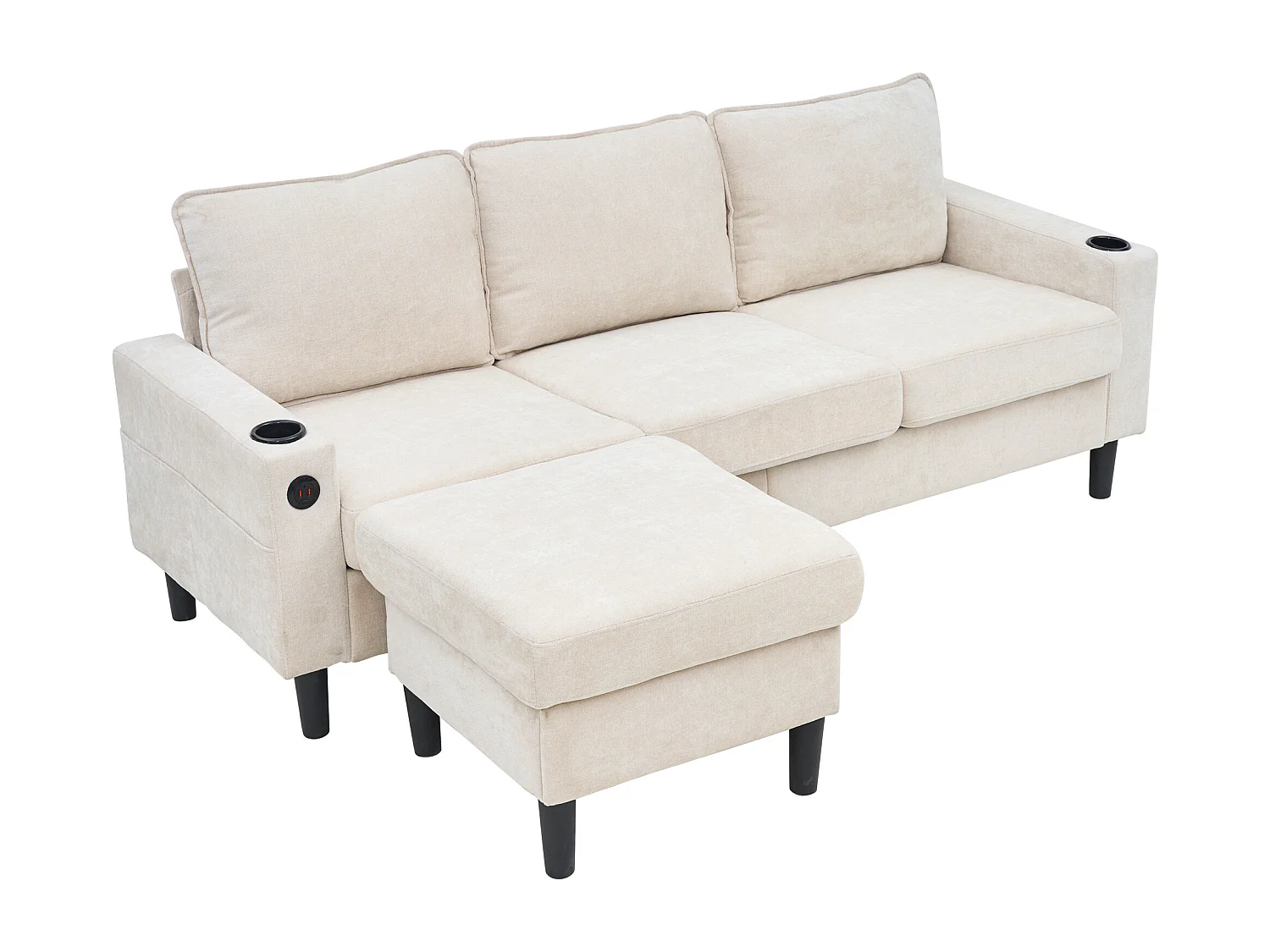 Canapé d'angle reversible 3 places en lin beige, avec ports USB et type-C - 202x137x80cm