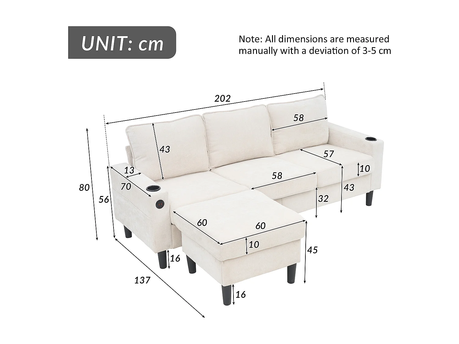 Canapé d'angle reversible 3 places en lin beige, avec ports USB et type-C - 202x137x80cm