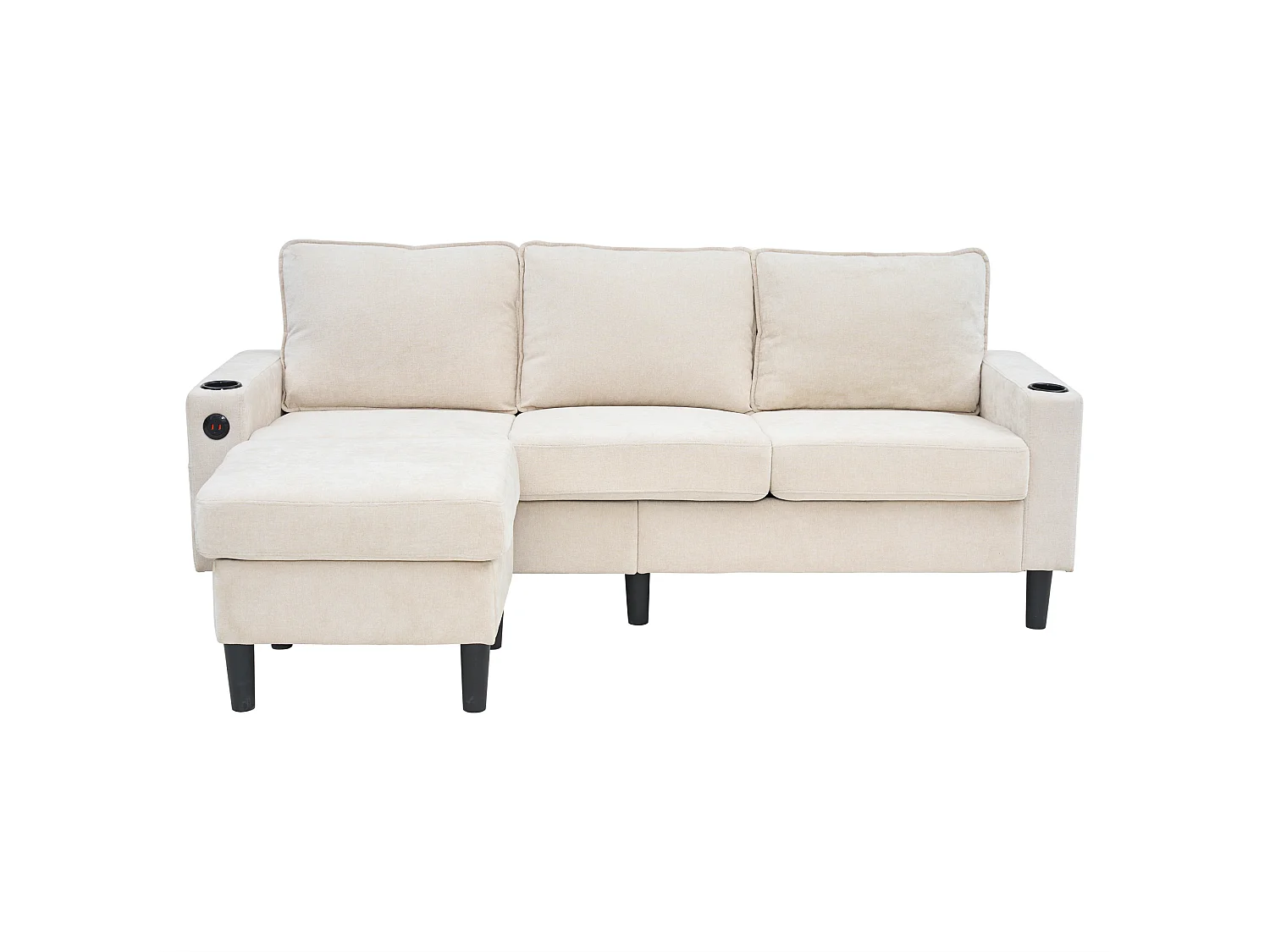 Canapé d'angle reversible 3 places en lin beige, avec ports USB et type-C - 202x137x80cm