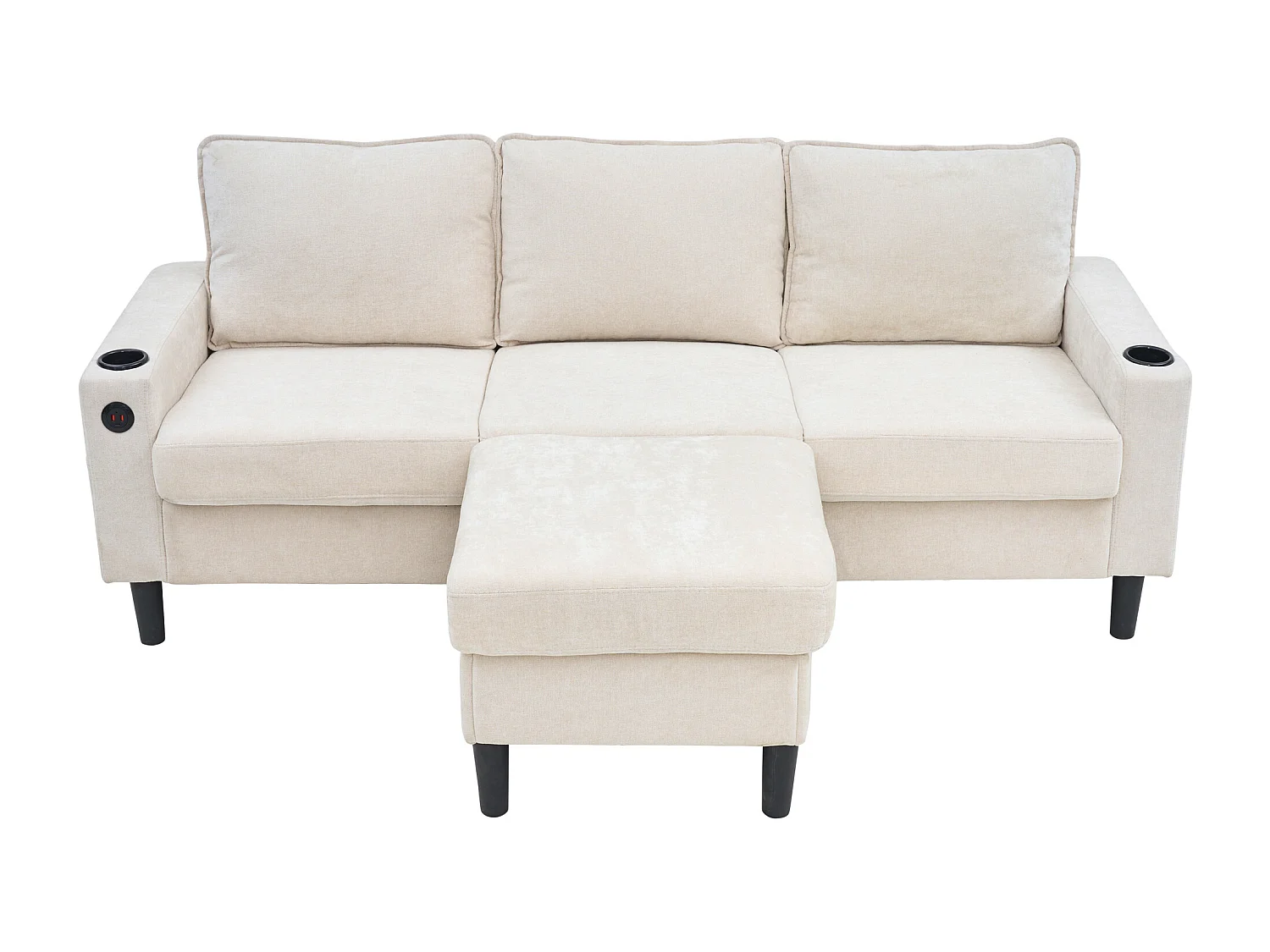 Canapé d'angle reversible 3 places en lin beige, avec ports USB et type-C - 202x137x80cm