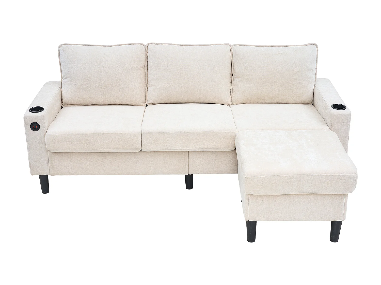 Canapé d'angle reversible 3 places en lin beige, avec ports USB et type-C - 202x137x80cm