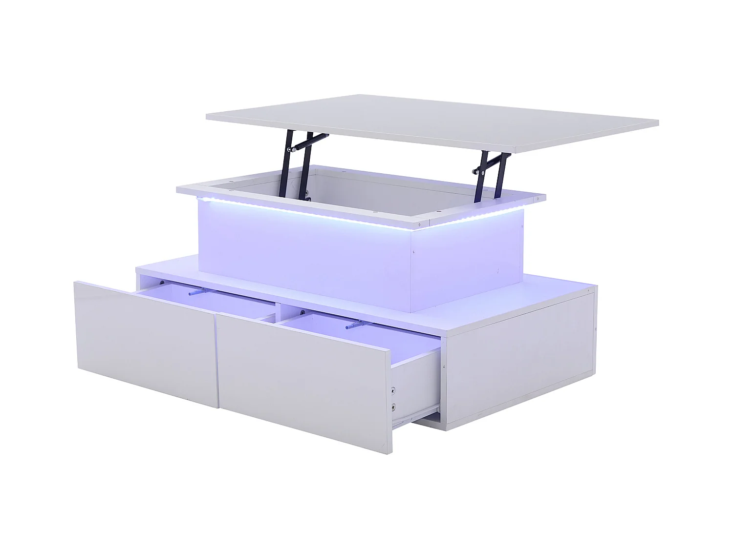 Mesa de centro elevable 90x55x41-54cm con 4 cajones, cuerpo lacado en blanco, LED incluido