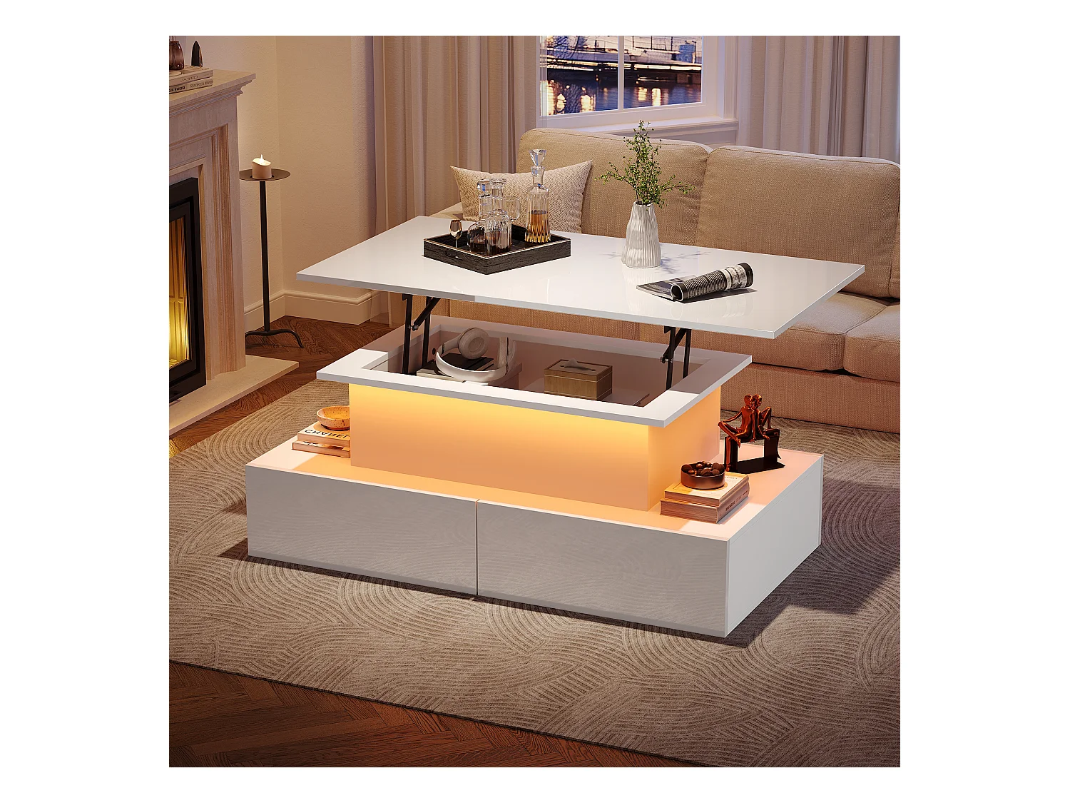 Table basse relevable 90x55x41-54cm avec 4 tiroirs, corps en blanc laqué, LED inclus