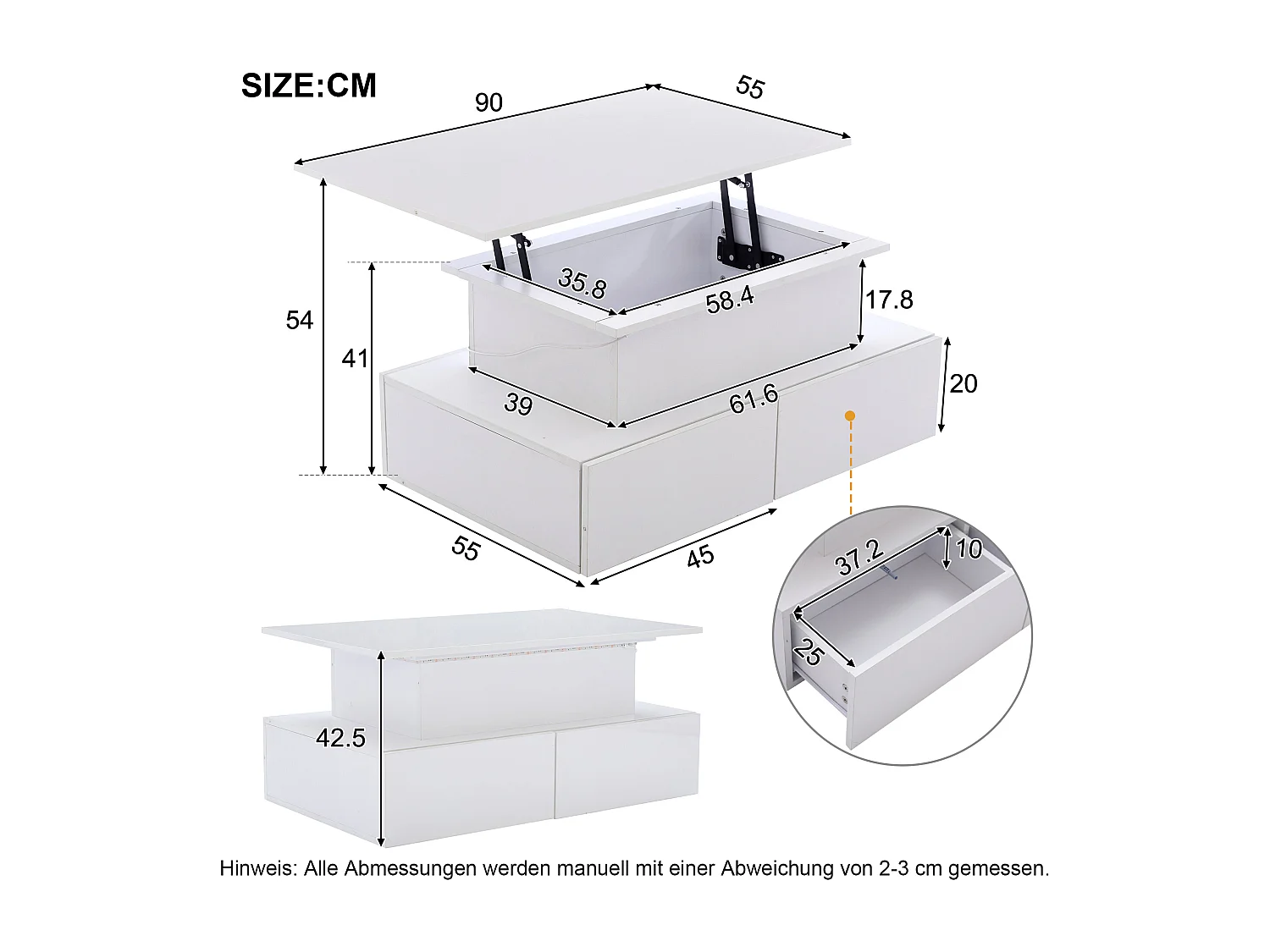 Opklapbare salontafel 90x55x41-54cm met 4 lades, wit gelakte behuizing, inclusief LED