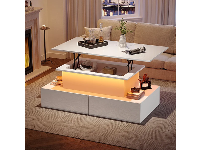 Opklapbare salontafel 90x55x41-54cm met 4 lades, wit gelakte behuizing, inclusief LED