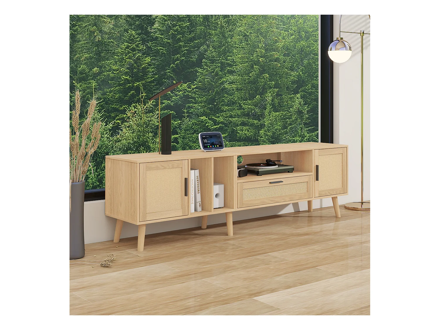 Meuble TV 180x40x54cm avec 2 portes et 1 tiroir en rotin, 3 niches, corps en bois naturel clair