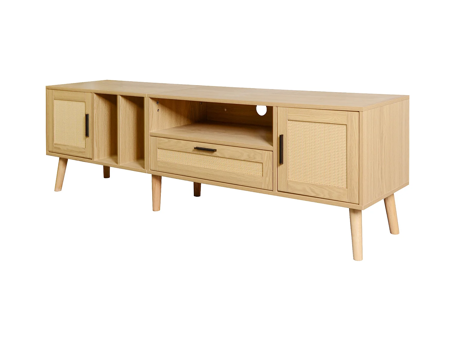 Meuble TV 180x40x54cm avec 2 portes et 1 tiroir en rotin, 3 niches, corps en bois naturel clair