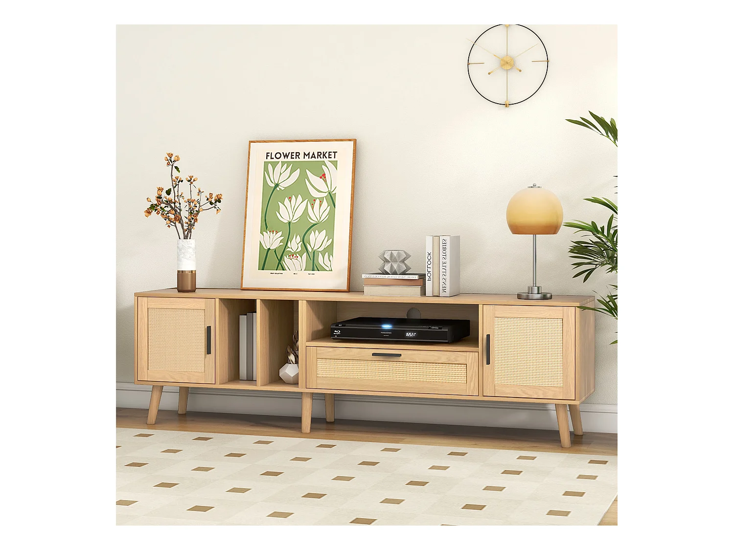 Meuble TV 180x40x54cm avec 2 portes et 1 tiroir en rotin, 3 niches, corps en bois naturel clair