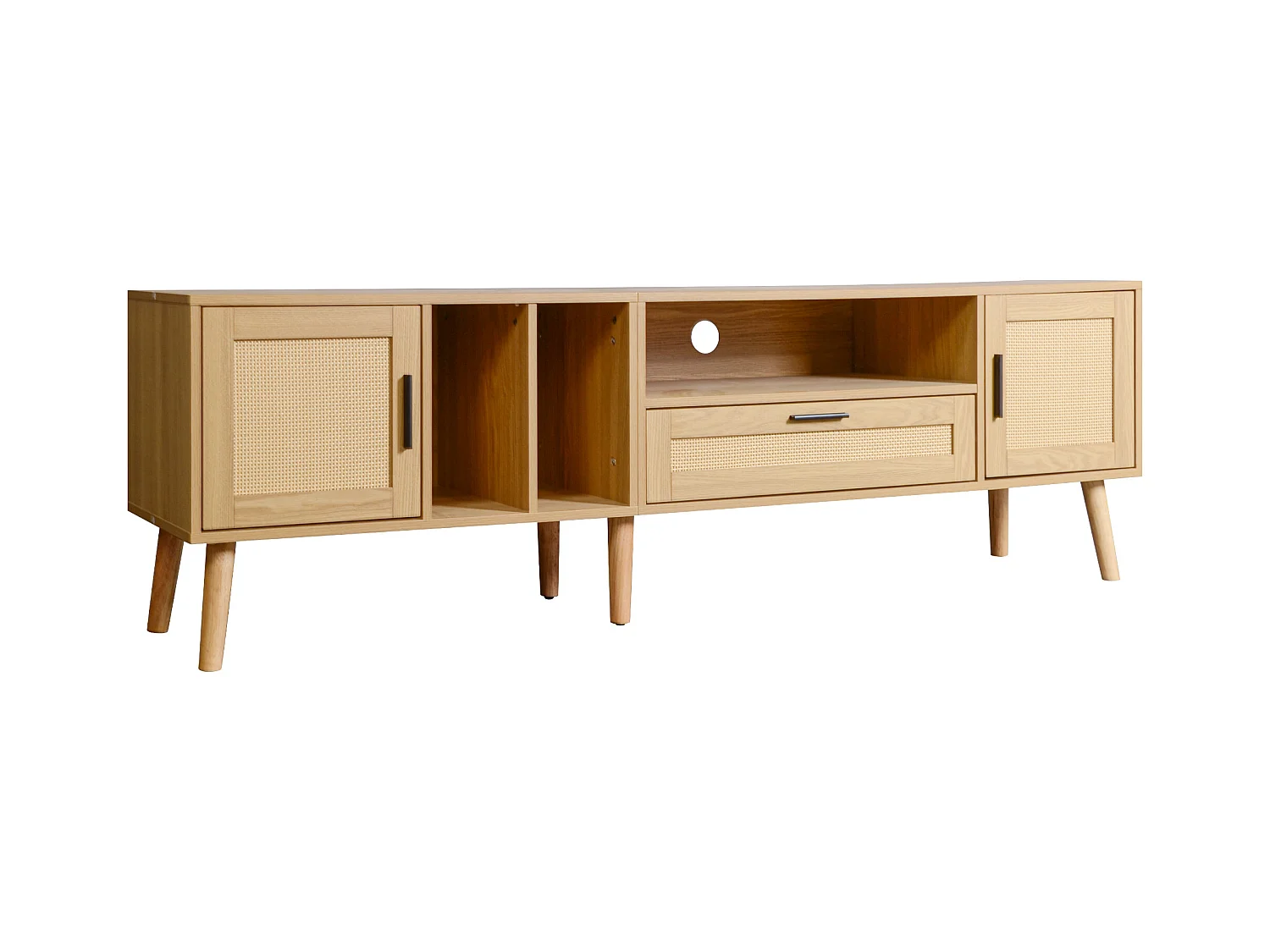 Meuble TV 180x40x54cm avec 2 portes et 1 tiroir en rotin, 3 niches, corps en bois naturel clair