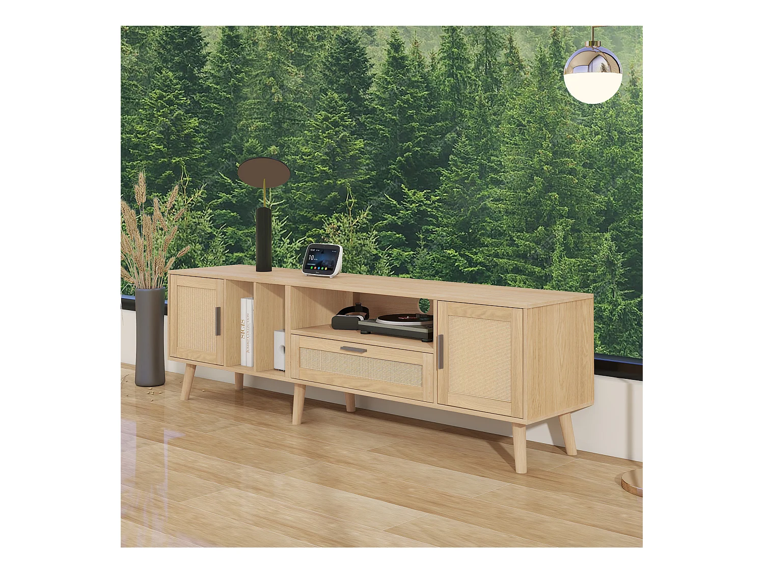 Meuble TV 180x40x54cm avec 2 portes et 1 tiroir en rotin, 3 niches, corps en bois naturel clair