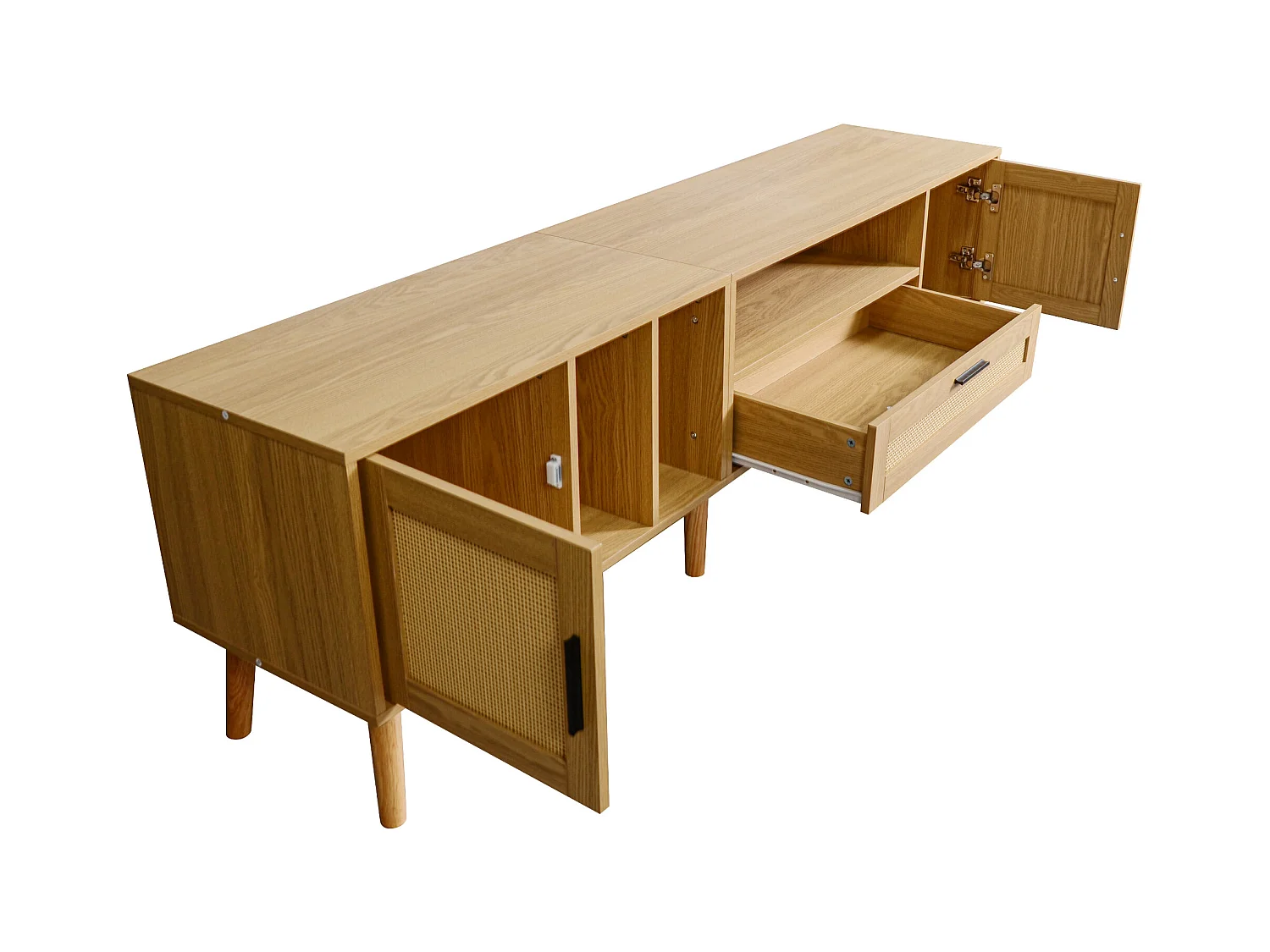 Meuble TV 180x40x54cm avec 2 portes et 1 tiroir en rotin, 3 niches, corps en bois naturel clair