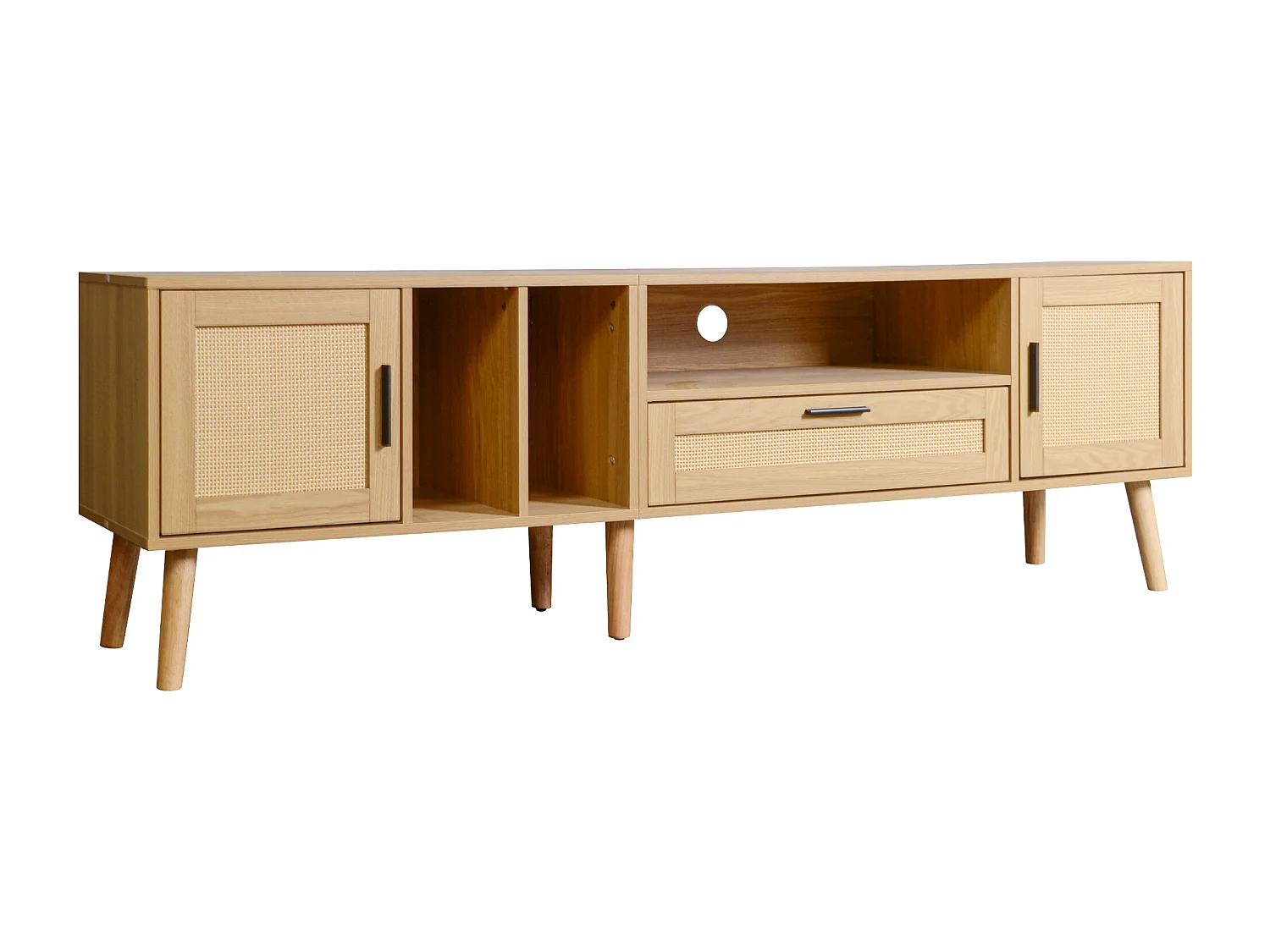 Meuble TV 180x40x54cm avec 2 portes et 1 tiroir en rotin, 3 niches, corps en bois naturel clair