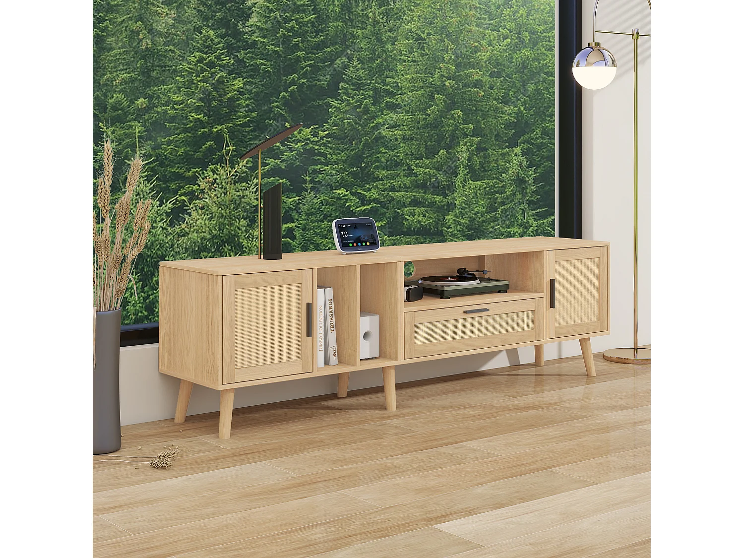 Meuble TV 180x40x54cm avec 2 portes et 1 tiroir en rotin, 3 niches, corps en bois naturel clair