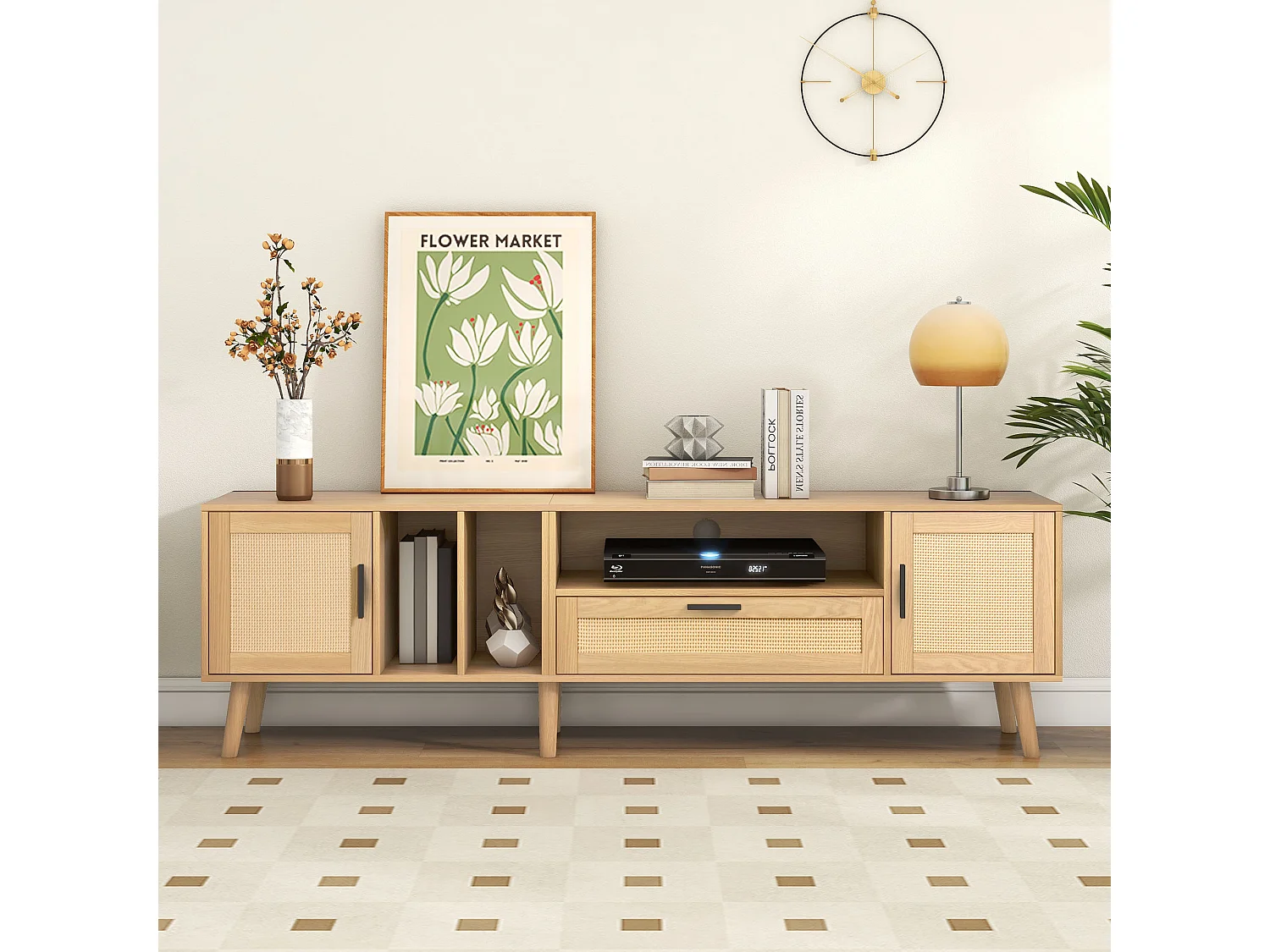 Meuble TV 180x40x54cm avec 2 portes et 1 tiroir en rotin, 3 niches, corps en bois naturel clair